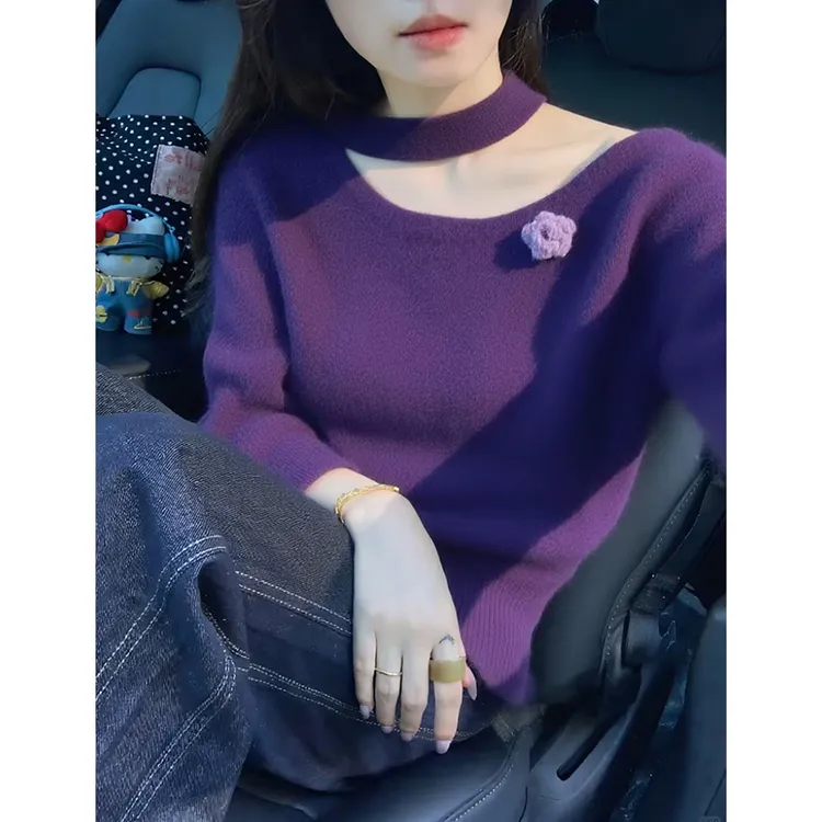 慵懒紫色立体花朵挂脖套头毛衣女2025秋冬新款韩系氛围感绝美上衣