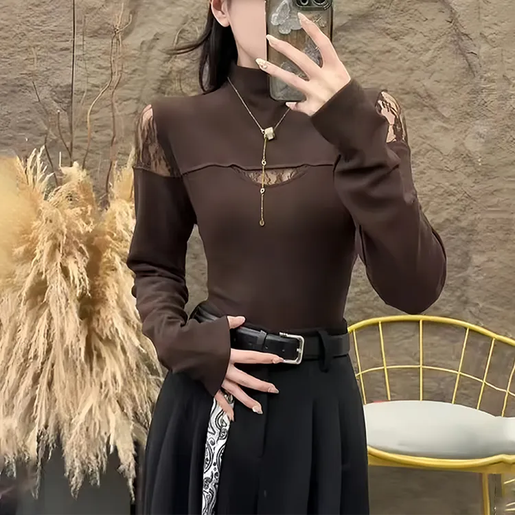 网纱拼接长袖T恤女2025秋冬新款修身洋气显瘦减龄镂空半高领上衣