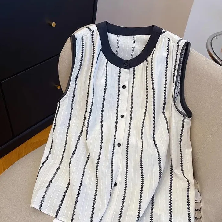 高级感条纹薄款无袖衬衫女2025年夏季新款宽松撞色小个子背心上衣