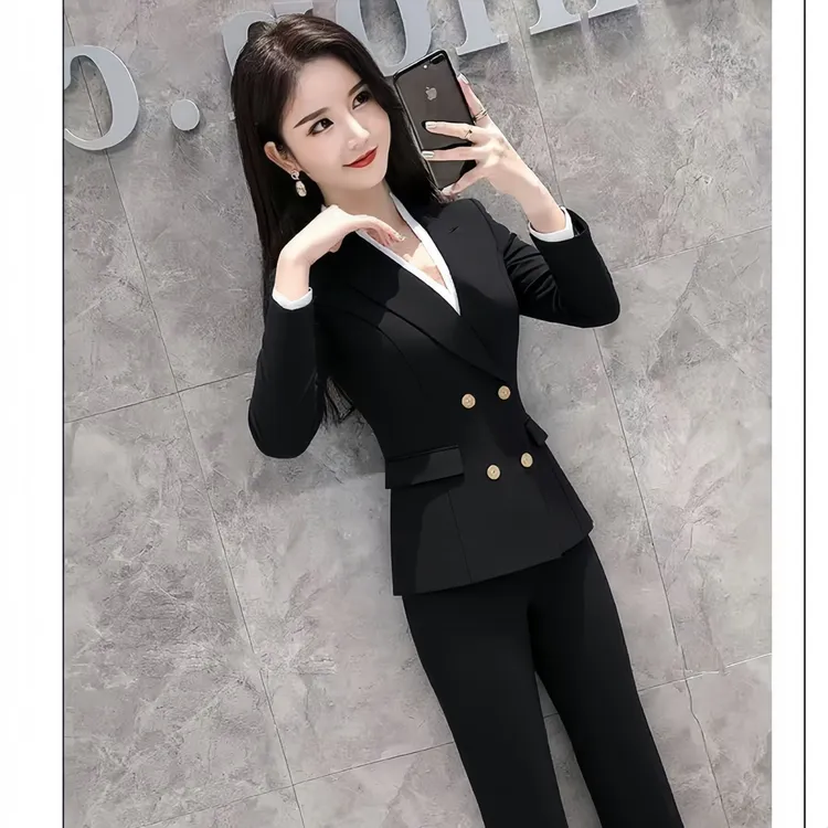 春秋黑色职业小西装女士韩版教职面试修身双排扣气质职业正装西服