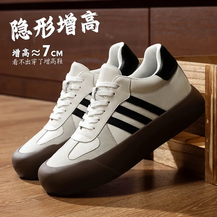 德训鞋男隐形内增高7cm2025新款休闲板鞋真皮厚底蓬蓬阿甘小白鞋