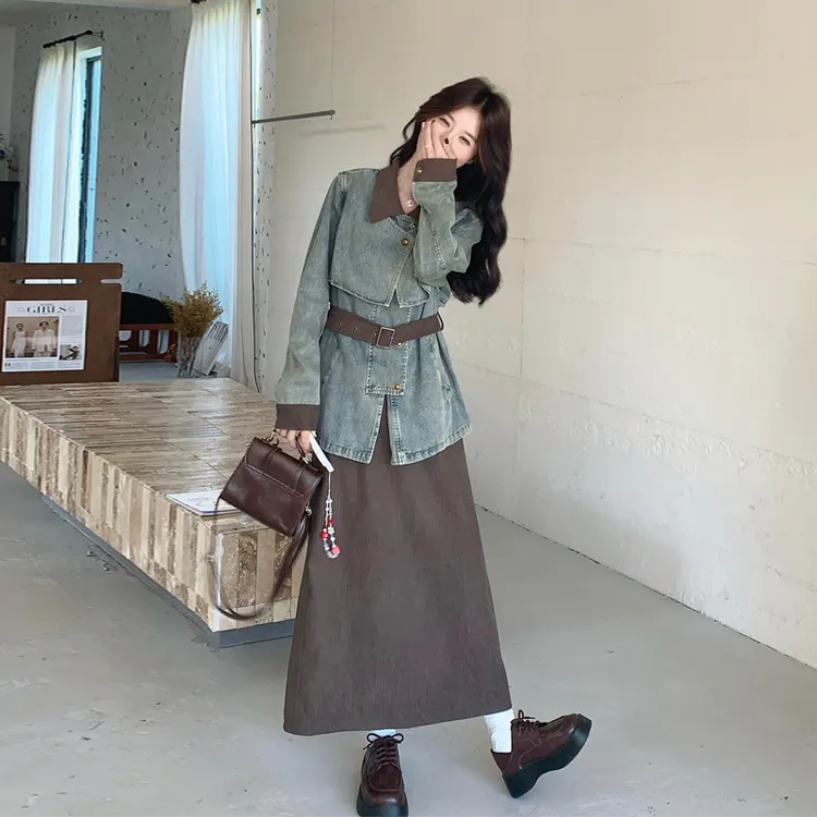 复古做旧灯芯绒拼接牛仔套装2025春秋新款氛围感美拉德气质两件套