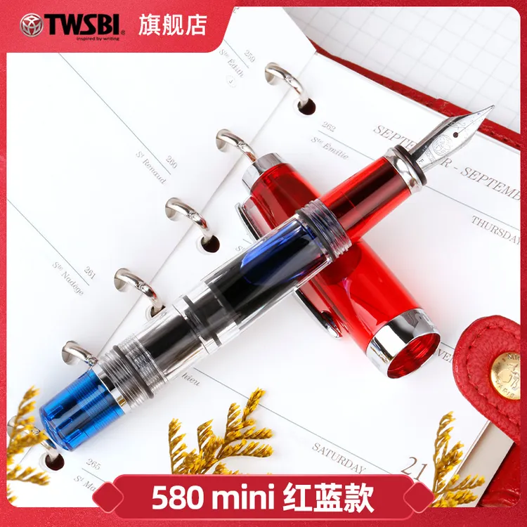 新品twsbi三文堂580红蓝mini透明示范钢笔大容量活塞上墨签字钢笔