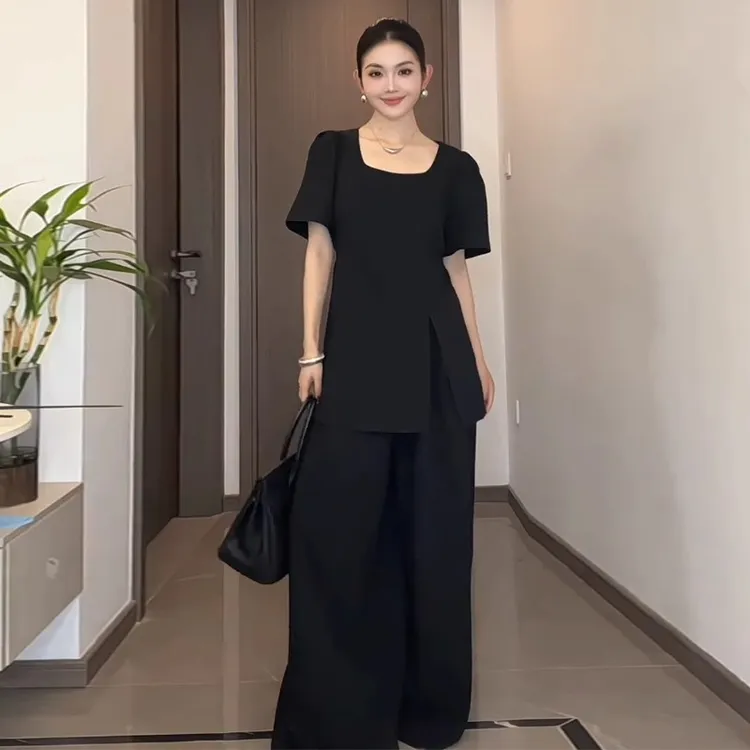 大码黑色赫本时尚套装女夏季胖mm显瘦高级感T恤上衣阔腿裤两件套