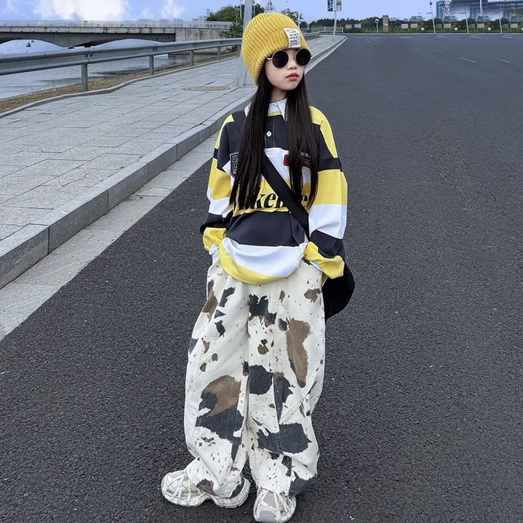 美式卫衣复古迷彩阔腿牛仔裤套装2025春秋款女童街头风痞帅高级感