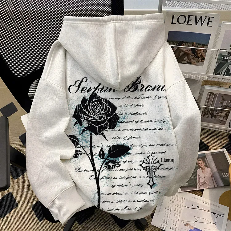 重磅500克加绒加厚连帽卫衣宽松秋冬季小众十字玫瑰男女同款男装Z