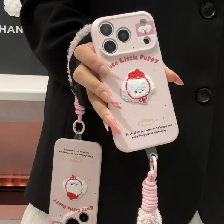GGBond刺绣红帽小狗挂绳适用苹果16菲林手机壳小米17vivo华为oppo
