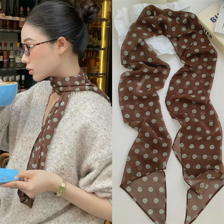 棕色波点丝巾印花高级百搭配饰系脖女2025年新款发带绑发长条围巾