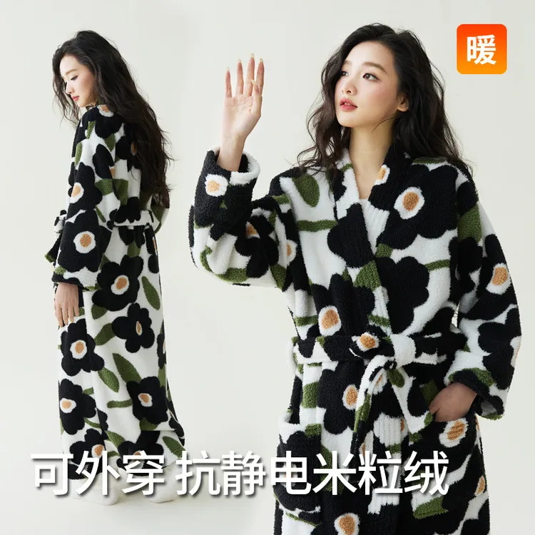 秋冬季新款珊瑚绒加厚美丽绒男女睡袍加长浴袍情侣睡衣双面绒睡袍
