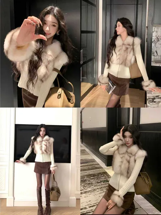 Barb Chill【温度曲线】针织毛衣加厚外套女冬假两件毛领开衫上衣