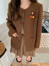 89108秋冬季精致羊毛呢小香风外套女休闲咖色格子高级感毛呢上衣