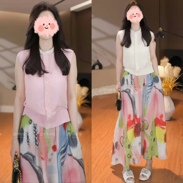 小众炸街高级感女装夏季无袖针织开衫撞色半身裙套装温柔知性衣服