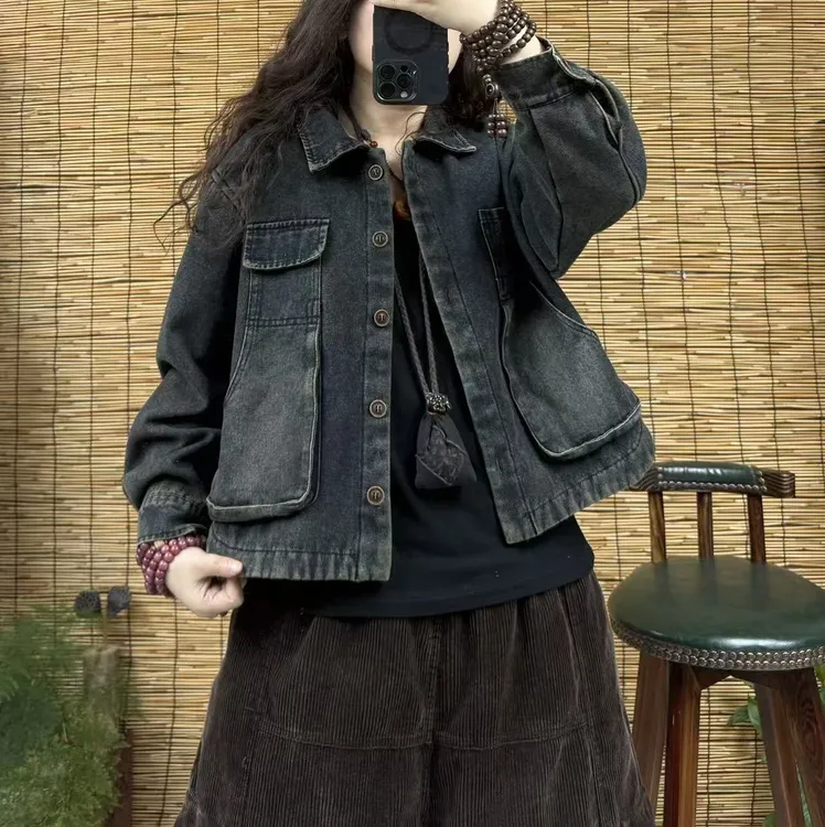 812039加绒翻领个性口袋牛仔外套（长55左右，90-160斤）