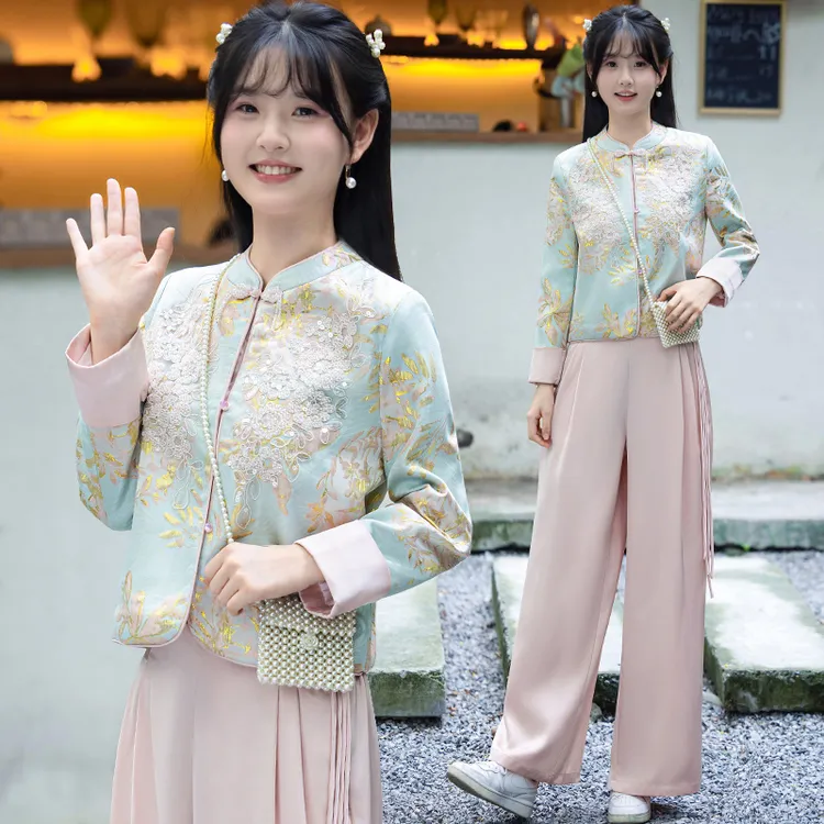 新中式汉服立领盘扣重工提花刺绣亮片上衣吊带国风长裤三件套2832