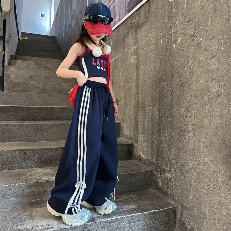 女童夏季薄款工装裤中大童宽松速干运动裤炸街直筒休闲裤背心套装