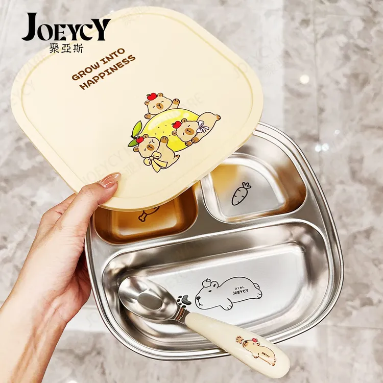 【卡皮巴拉】三格316不锈钢分餐盘带勺不锈钢分格餐盘饭盘上学上班