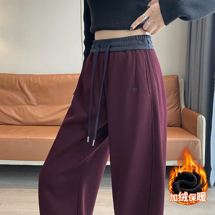 运动窄版阔腿裤女直筒休闲秋冬季加绒加厚弯刀裤撞色美式弯刀卫裤
