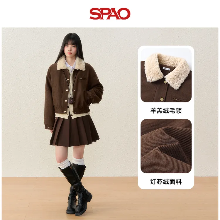 SPAO女翻领夹棉夹克冬季加厚咖色灯芯绒夹棉琥珀系百搭气质衣服YC
