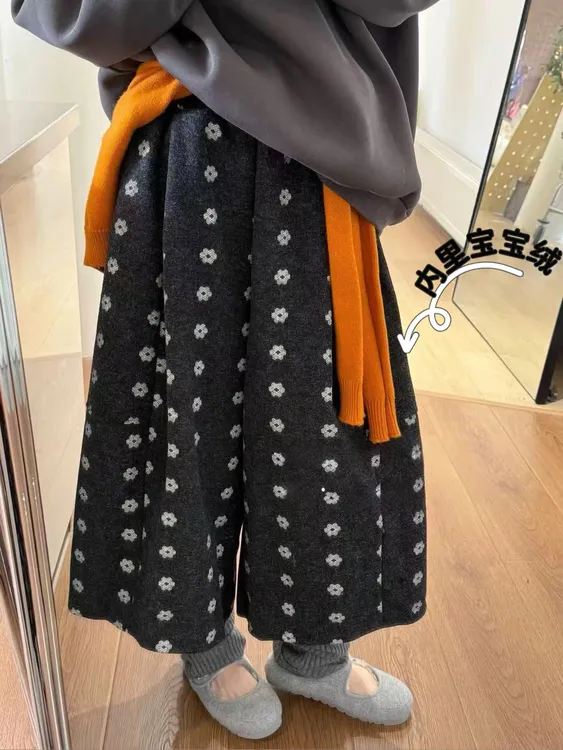 加绒复古花朵松紧腰A字休闲裤女宽松显瘦毛呢阔腿裤七分裤中裤