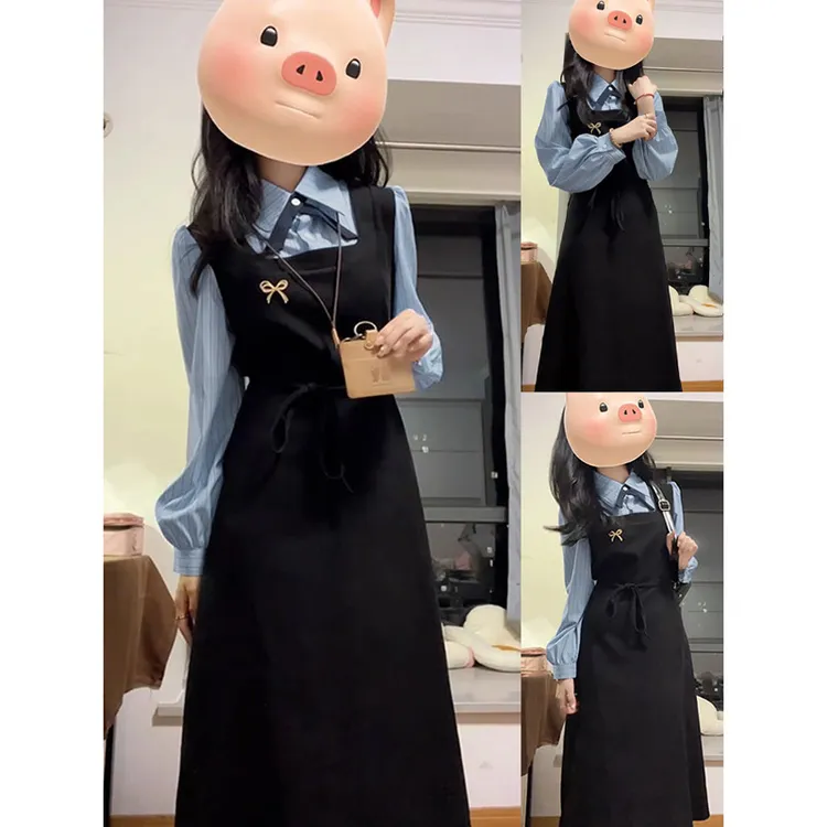 假两件学院风长袖连衣裙子女2025新款教资面试韩系穿搭连衣裙2938