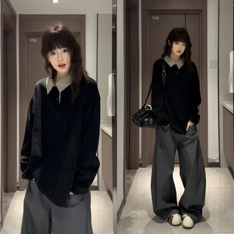 鱼骨纹polo衫秋季千鸟格翻领长袖T恤男高级感痞帅重磅打底衫卫衣