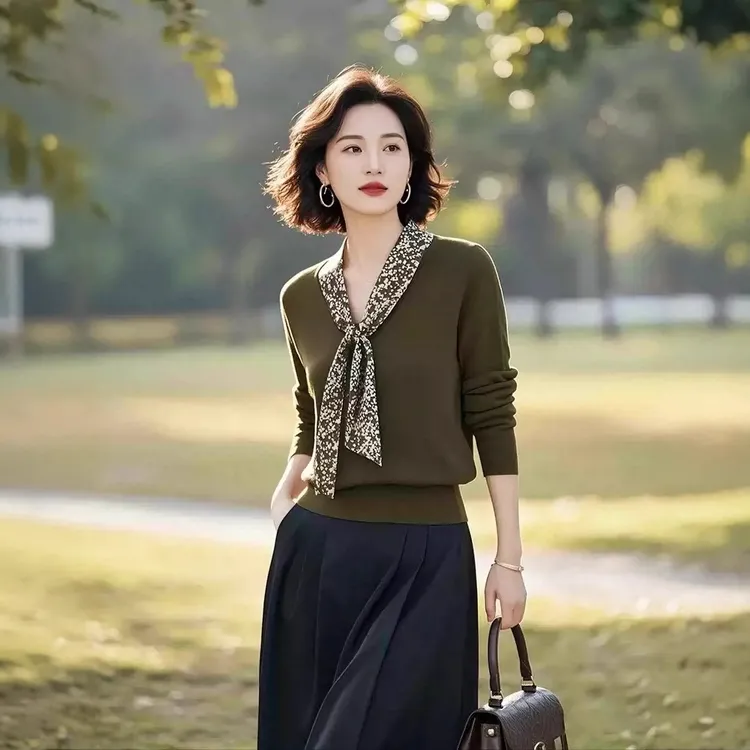 洋气时尚百搭长袖春季针织衫小衫打底衫中老年妈妈毛衣早春薄款V