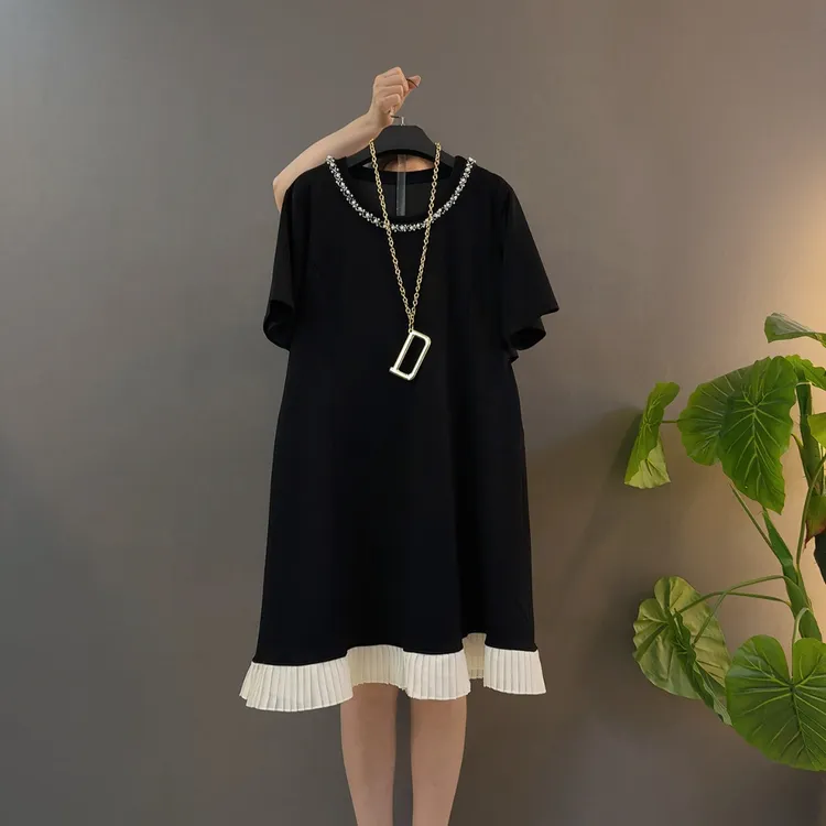 法式气质圆领钉珠撞色拼接短袖连衣裙