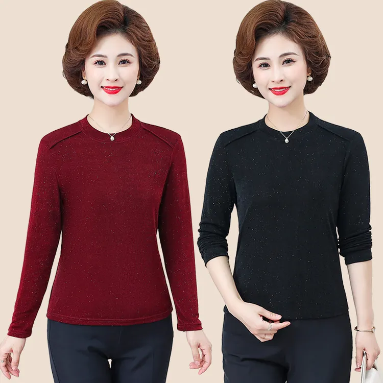 妈妈秋季单层内搭打底衫中年女士减龄镶钻长袖上衣中老年短款遮肚