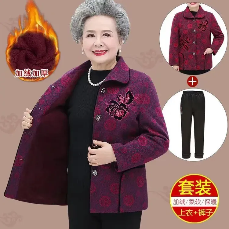 中老年人秋冬女妈妈绣花外套60-70岁80奶奶装春秋外套老太太衣服