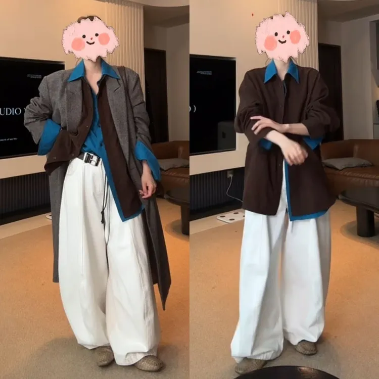 【墨咖深海】咖色撞色拼接假两件廓形中长款衬衫