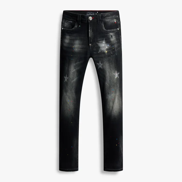 【五星上将】暗黑版Pecuspeter秋冬新款复古水洗潮流牛仔裤男烫钻