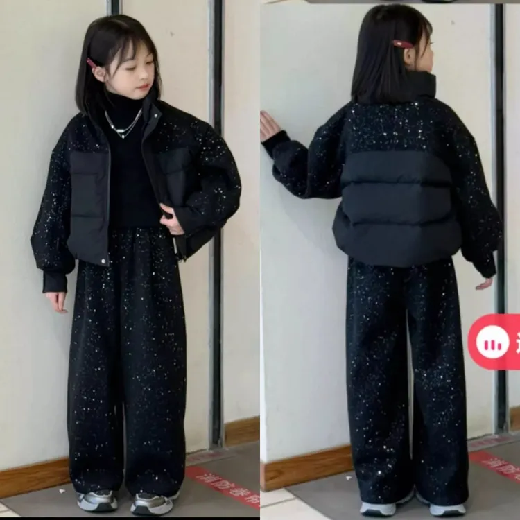 女童冬装棉衣外套2025新款儿童满天星棉服套装直筒阔腿裤两件套