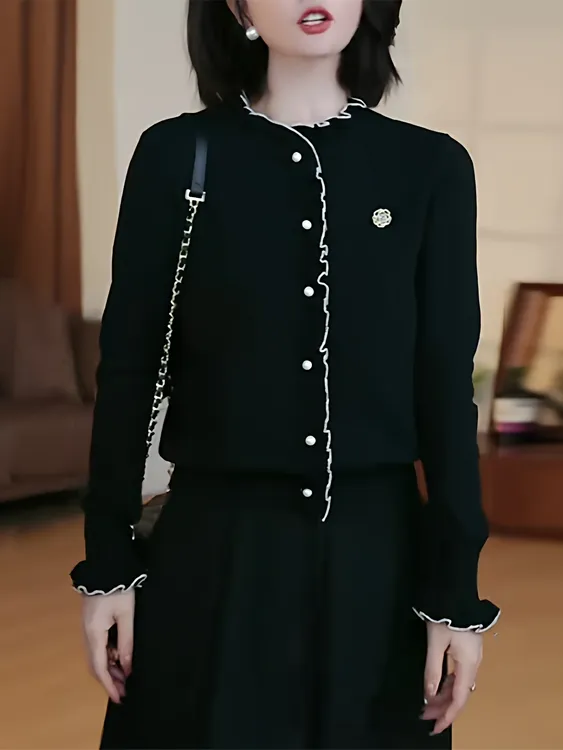 秋冬新款设计感木耳边圆领长袖针织开衫女减龄内搭百搭上衣毛衣