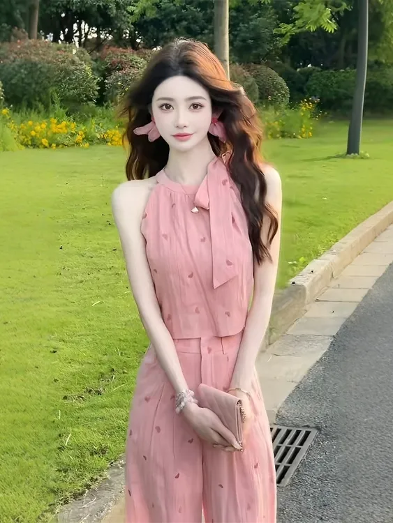 法式重工爱心印花粉色背心上衣高腰阔腿裤两件套女夏日漂亮小套装