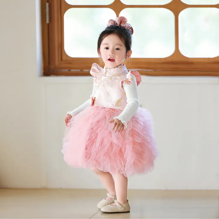 周岁女宝礼服秋冬2025新款高端粉色套装婴儿衣服女童生日宴公主裙