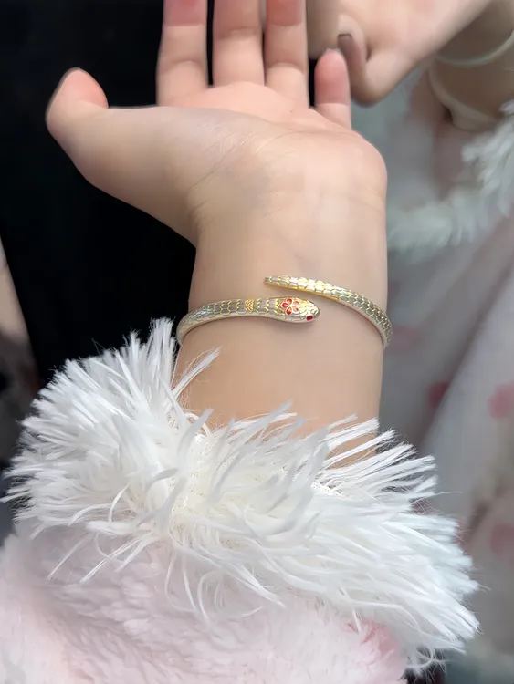 足银手镯 描金桃花灵蛇银镯子足银999.9手工气质彩色手腕配饰金色
