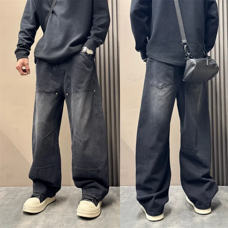 秋冬新款潮流美式复古阔腿宽松牛仔裤男痞帅水洗做旧垂感直筒裤