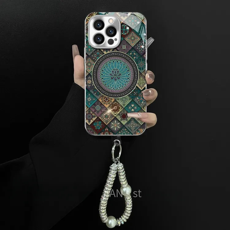 适用五彩蓝莲花苹果16promax电镀玻璃壳手机壳华为oppovivo小米