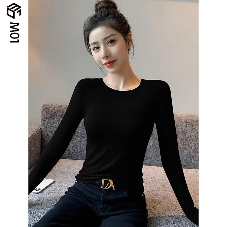 M01秋季新款修身显瘦莫代尔长袖t恤女士薄款内搭外穿打底衫上衣潮