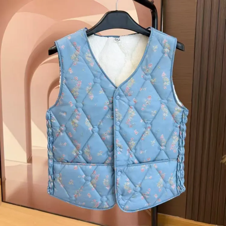 V领女保暖马夹秋冬马甲冬季蓝色格子双层加绒加厚中老年内胆棉衣