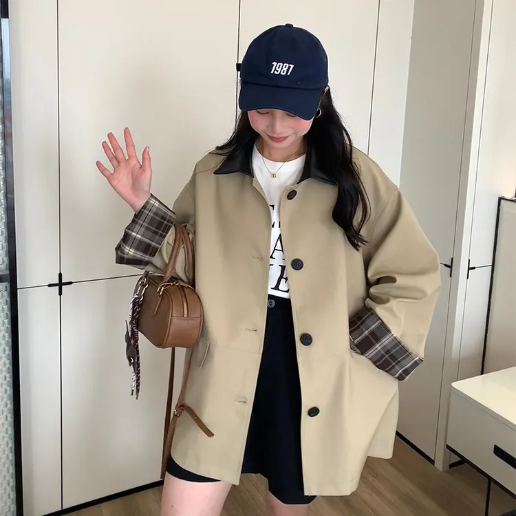 圆脸小雯/布达佩斯学院 格纹卡其色风衣女秋宽松小个子中长款外套