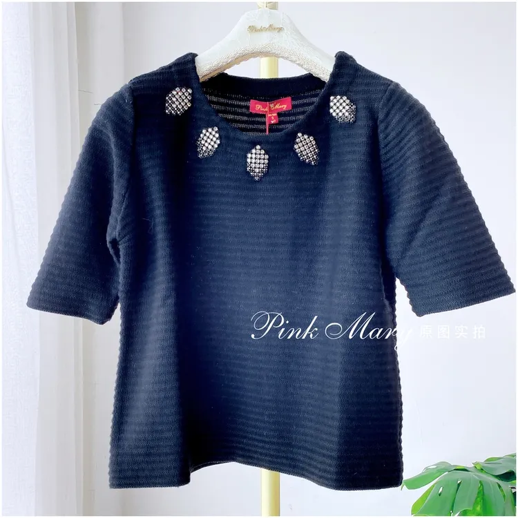 Pink Mary粉红玛琍黑色圆领短袖休闲毛衣针织衫百搭PMAFW820888