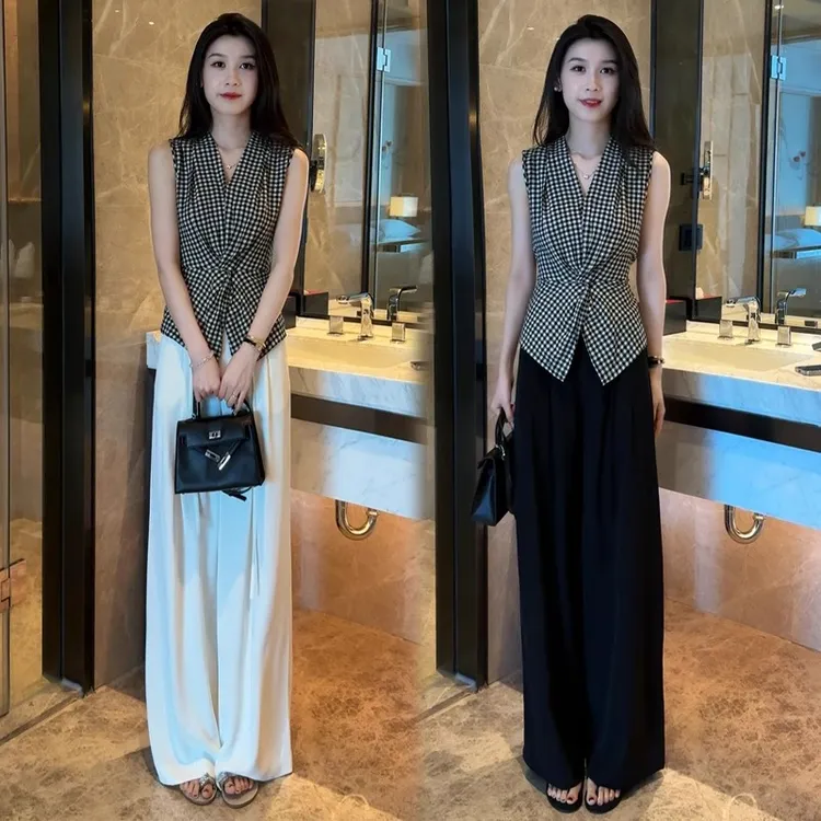 时尚套装女2025夏季新款时髦洋气格子无袖衬衫阔腿裤气质两件套潮