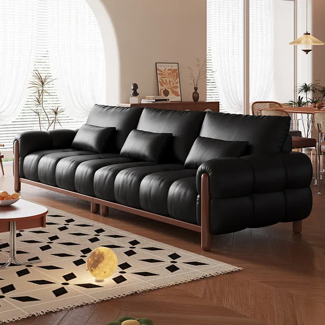 意式复古真皮钢琴键沙发客厅法式中古风牛皮黑色实木直排小户型