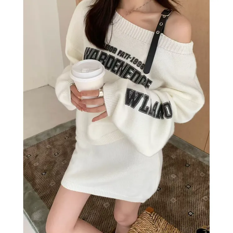 美式甜辣风斜肩针织卫衣字母上衣秋季次内裤设计师款半身裙两件套