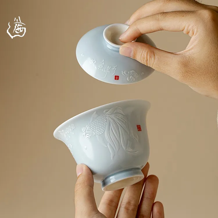 如鱼得水二才盖碗防烫手泡茶碗功夫茶具家用单个泡茶器小清新茶碗