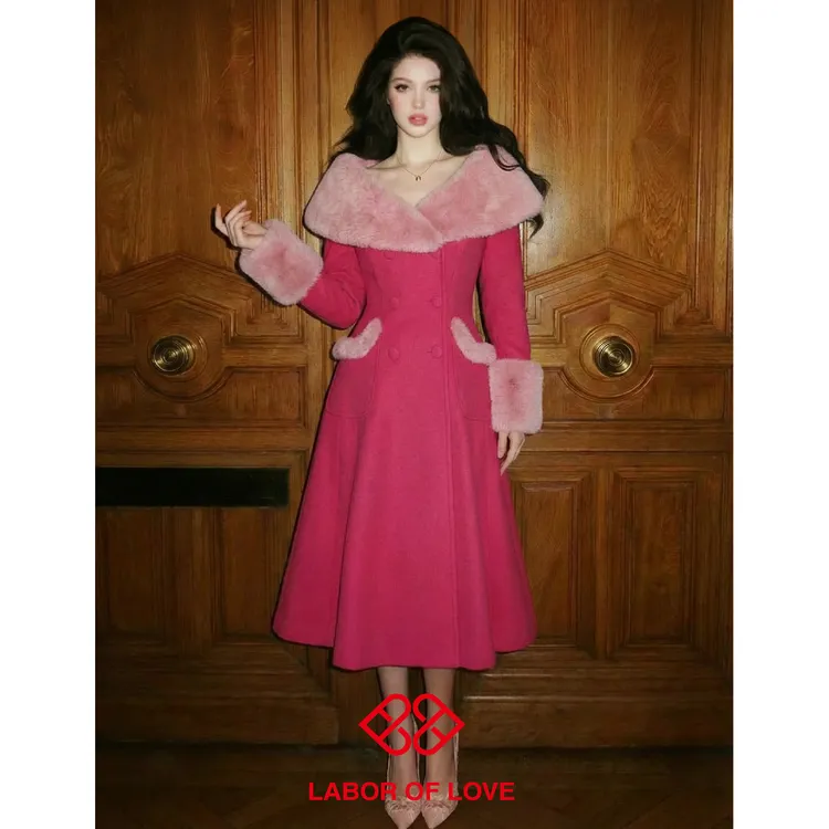 Labor of Love 芭比 原创设计玫粉色立体剪裁毛呢收腰A字大衣