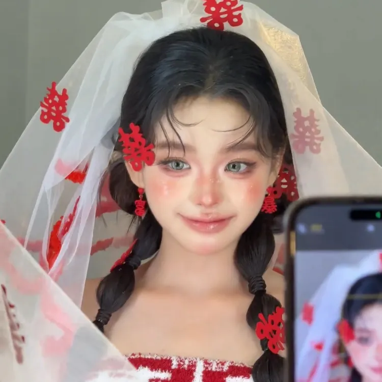 复古中国红色喜字发夹耳环套装高级感敬酒服新娘晨袍礼服头饰