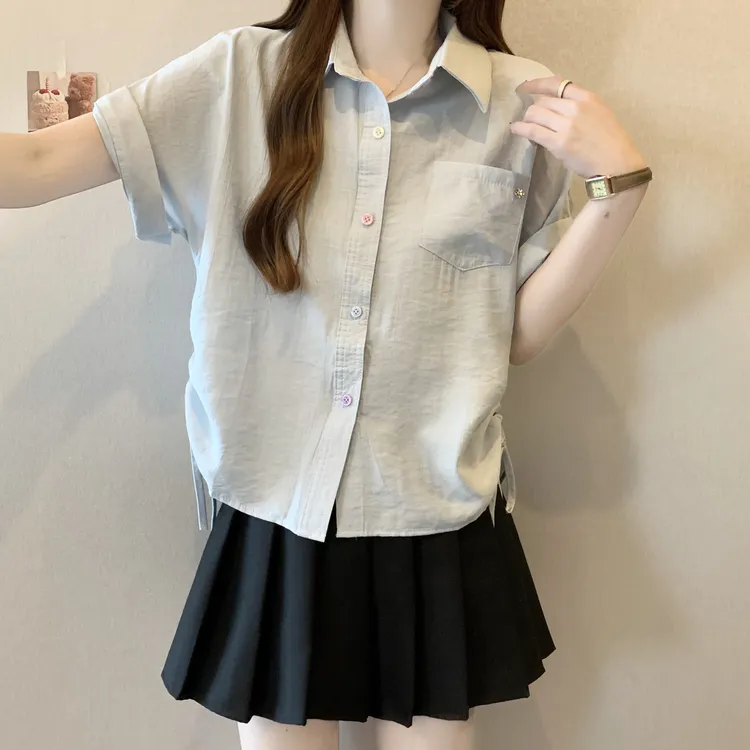 大码纯色polo领抽绳短袖衬衫女夏季新款宽松显瘦百搭短款小衫上衣