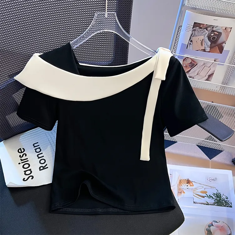 明年 设计感一字领短袖T恤女法式显瘦拼接修身绑带打底衫上衣